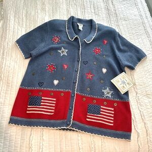 Vintage Koret City Blues Patriotic Short Sleeve Knit Top Cardigan Sweater XL NEW